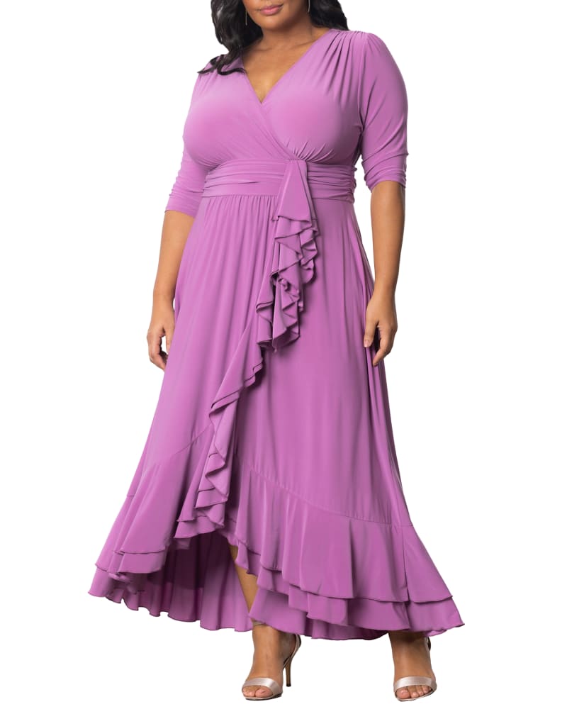 Front of a model wearing a size 1X Veronica Ruffled Evening Gown in LILAC by Kiyonna. | dia_product_style_image_id:353100